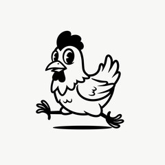 Cartoon-style chicken with flapping wings, large eyes, and an excited expression running forward.