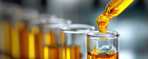 Focus on a dropper dispensing golden liquid into a test tube among various filled glass containers in a laboratory setting