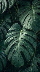 Lush monstera leaves glisten with raindrops in a tropical setting
