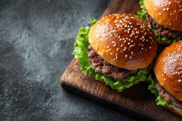 Three sesame seed burgers on a dark wood board left side grey textured surface