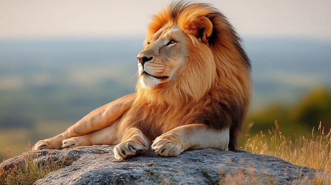 Majestic lion resting on a rock outcrop.