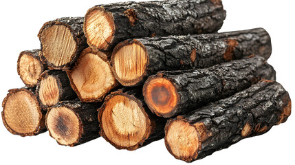  a small stack of firewood logs next to a modern wood pellet, isolated on a pure Transparent background, symbolizing energy evolution, fuel comparison.