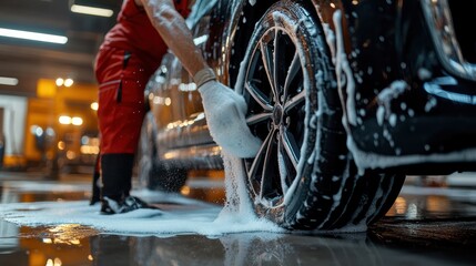 Detailed view of a car wash, employee cleaning the tires of an automobile