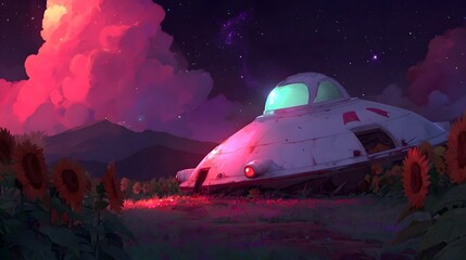 A vibrant futuristic spacecraft sits amidst a surreal dreamlike night landscape surrounded by glowing clouds and a starry sky exuding a sense of wonder and extraterrestrial mystery