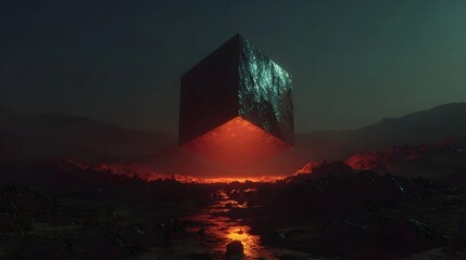 A striking minimalist geometric structure emerges from the rugged desert landscape illuminated by a glowing vibrant red light that reflects in the tranquil waters below