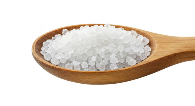 Isolated Transparent Background of Sea Salt Crystals on Wooden Spoon