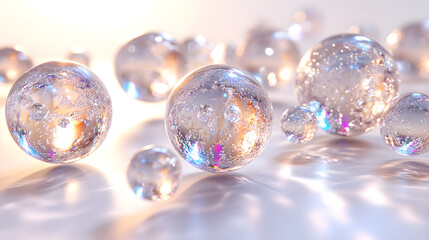 Photorealistic render of floating, semi-transparent geometric shapes (cubes, spheres) gently interacting, 