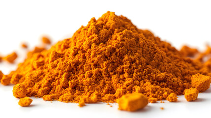 Photorealistic pile of yellow curry powder. Macro focus on fine texture, warm lighting, isolated on a pure Transparent background.