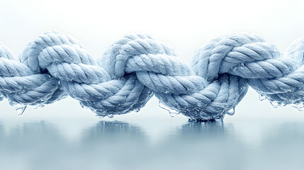 Photorealistic rendering of a complex knot being slowly untied, showing rope fibers under tension, 