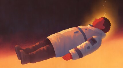 A lone astronaut silhouetted against a backdrop of glowing red and orange hues drifting weightlessly in the infinite darkness of space embarking on a journey of discovery and explo n