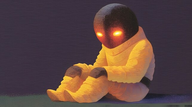 A futuristic glowing alien humanoid figure sitting in a contemplative pose against a dark mysterious background evoking a sense of introspection and wonder about the unknown