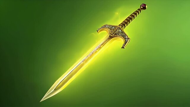 Golden fantasy sword with a magical glow on green background