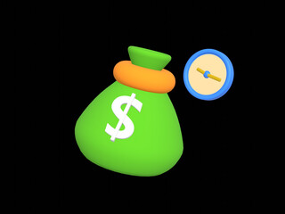 3D Pouch Money bag with time. Online payment, Business and finance concept.