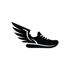 Stylized black running shoe with wings logo on white background