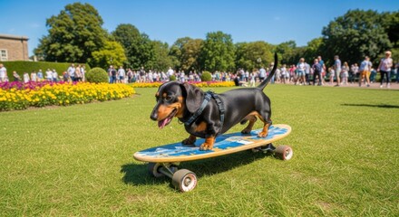A Dachshund Dog Riding a Skateboard in a Park on a Sunny Day