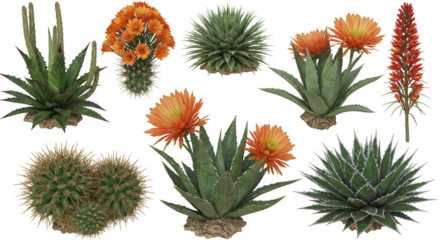 Isolated Transparent Background of Varied Blooming Cacti Succulents PNG
