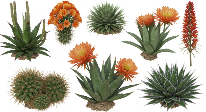 Isolated Transparent Background of Varied Blooming Cacti Succulents PNG