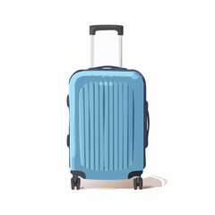 3D Blue wheeled suitcase for travel. Cabin luggage. Plastic bag for flight. Journey concept. Time to tourism and vacation.