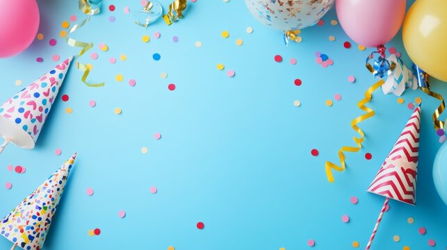 Colorful birthday celebration scene with festive streamers, wrapped gift box, lit candles, and party hats on bright blue background
- Powered by Adobe
