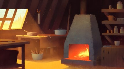 Warm and inviting interior of a cozy cabin with a crackling fireplace rustic wooden shelves and homemade ceramic and pottery decor
