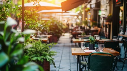 Naklejka premium Charming outdoor restaurant with inviting ambiance and natural green decor