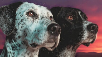 Two dogs a black and a spotted gazing intently as the sky bursts with warm vibrant colors during a serene sunset