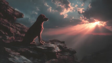A lone dog sits silhouetted against the backdrop of a dramatic  sunset over a rugged picturesque landscape