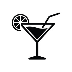 Black and white icon of a martini glass with a lemon slice and straw