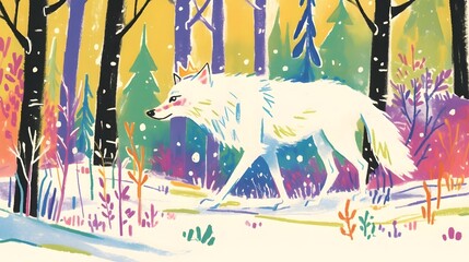 Whimsical illust n of a magical winter forest scene featuring a vibrant white fox surrounded by colorful plants trees and a starry night sky