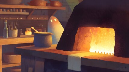 A warm and inviting rustic kitchen setting featuring a wood fired oven fresh baked bread and a collection of traditional cookware and utensils on wooden shelves