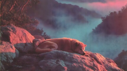 A majestic brown bear resting peacefully on a rugged mountain cliff silhouetted against a dramatic colorful sunset sky