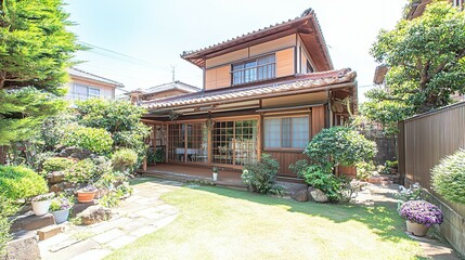 Obraz premium Japanese-style house with a meticulously landscaped garden.