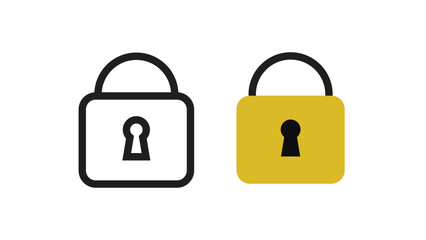 Two padlock icons one black outline one solid yellow with black both featuring keyholes on white