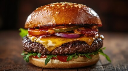 Stacked Delight: Mouthwatering Close-Up of a Gourmet Burger Creation