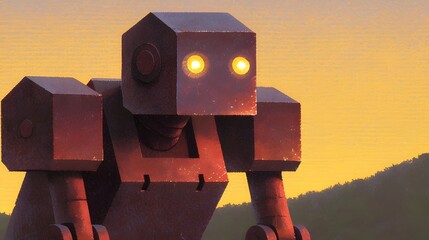 A surreal scene of three abstract geometric robot like forms standing in the foreground their silhouettes casting long shadows across the tranquil mountain landscape bathed in warm