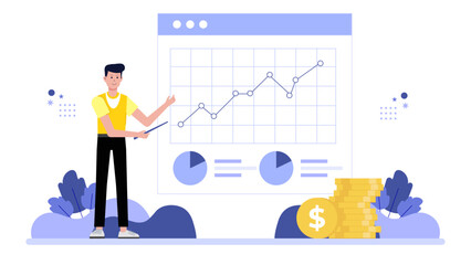 Business analyst comparing regional revenue streams flat vector illustration
