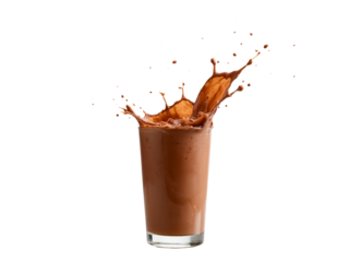 Chocolate protein shake in clear glass against white background  