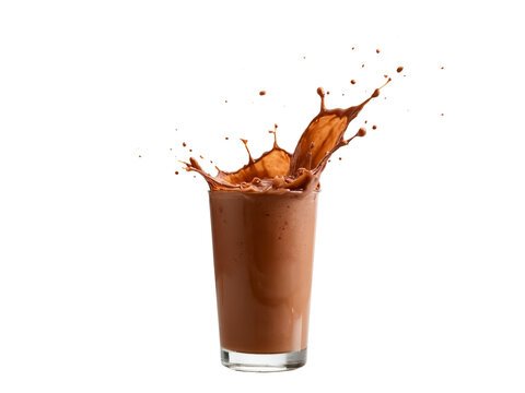 Chocolate protein shake in clear glass against white background  