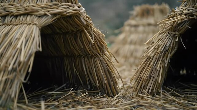 Thatched hay structures, possibly for animals, stand in a field of loose straw