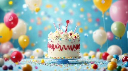 Colorful birthday party background with blue balloons, frosted cake topped with lit candles, confetti, and festive decorations in a cheerful indoor celebration scene




