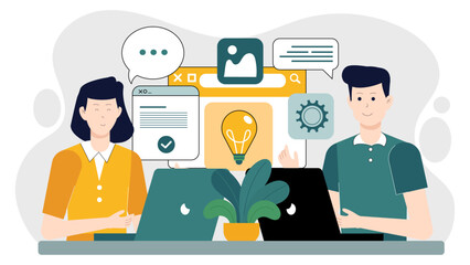 Design team finalizing brand identity guidelines flat vector illustration