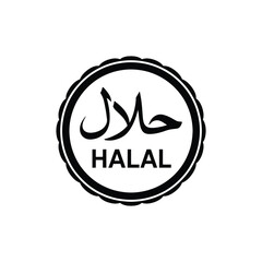 Black and white halal certification symbol with arabic calligraphy and english text