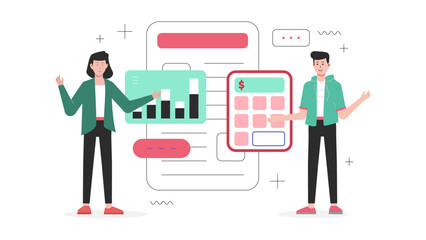 Finance team reviewing year-end tax documents flat vector illustration