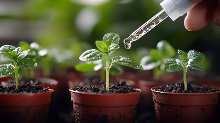 Realistic close-up of a hand carefully watering a tiny seedling in a small pot using a dropper, isolated on a pure Transparent background, symbolizing nurturing, growth, care, investment.
