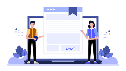 Freelancer sending contract for digital signature, flat vector illustration