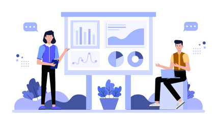 Marketing team analyzing campaign ROI in dashboard, flat vector illustration