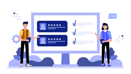 Product team managing user feedback database, flat vector illustration