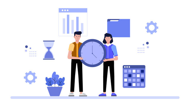 Employees updating project milestones in real time, flat vector illustration