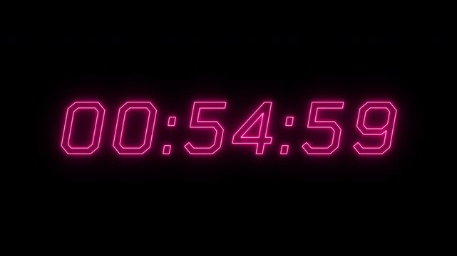1 minute countdown timer neon on black background. Digital Countdown video 60 seconds countdown neon. 4k