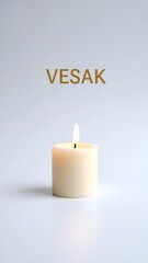 A single, cream-colored candle, flame alight, sits centered against a plain white background.  The word "VESAK" is subtly displayed above the candle in a gold hue